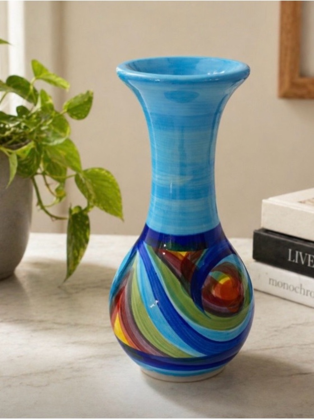 Gail Pittman Hand Painted Art Pottery Bud Vase Signed Multicolor Blue Swirl 6.5"